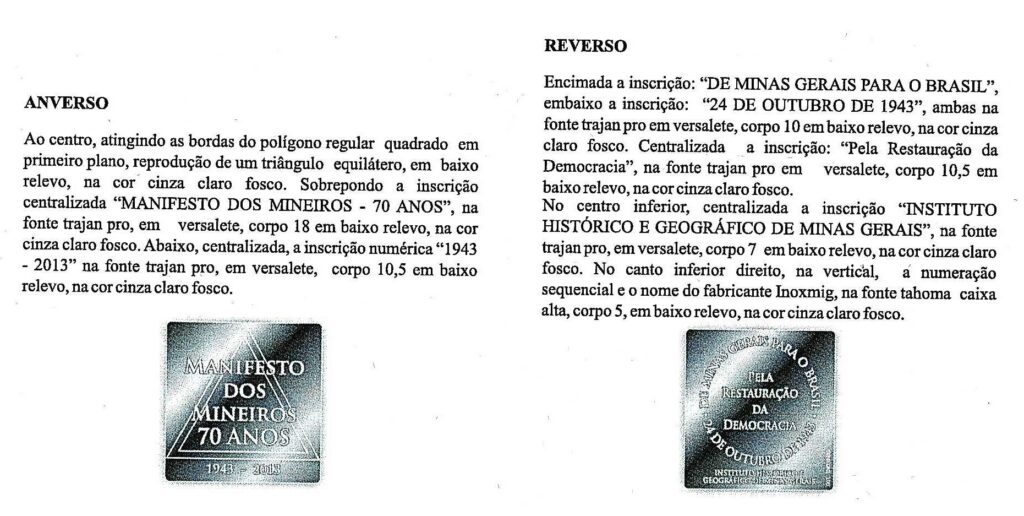 Medalha 70 anos Manifesto Mineiros - Encarte
